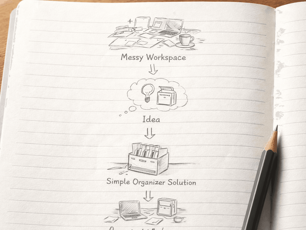 JuzzStore workflow sketch showing messy desk to organized workspace idea